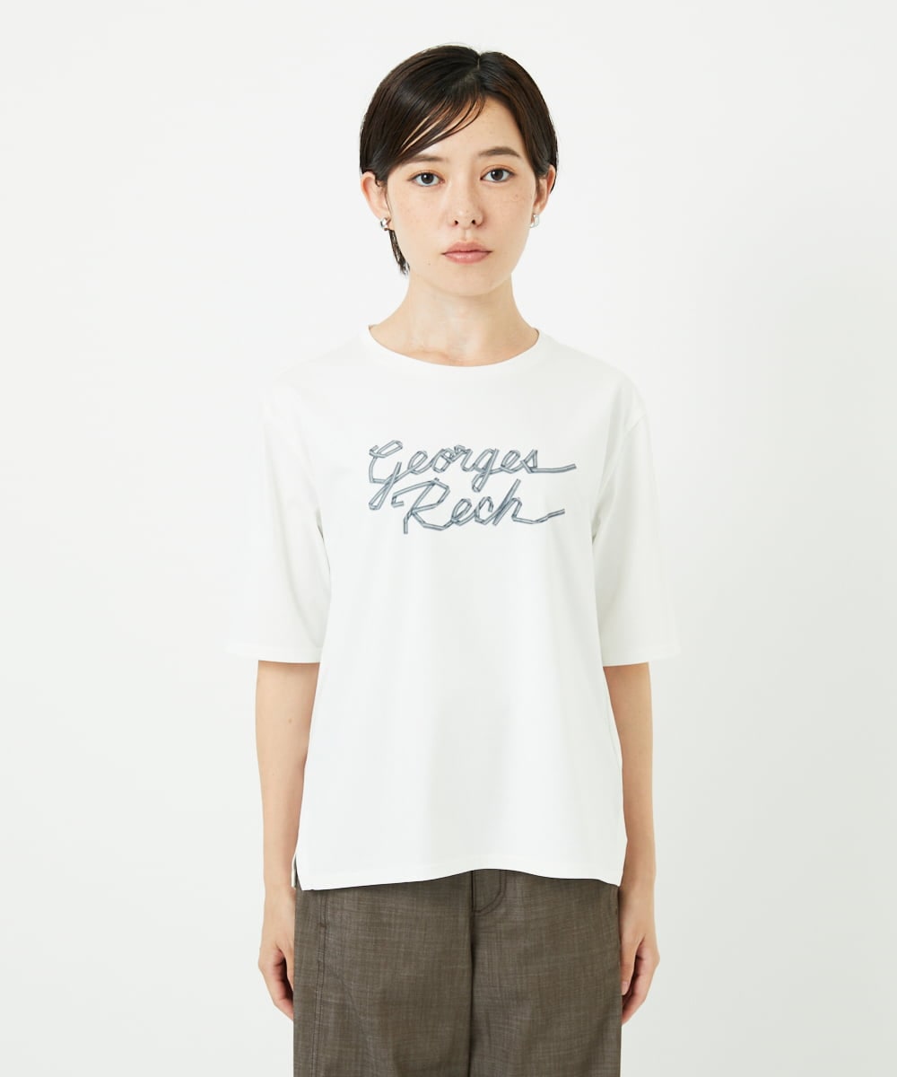 PHKHB11190 GEORGES RECH(小さいサイズ)(メゾン ドゥ サンク)  [接触冷感/紫外線カット/遮熱]プレーティングスルケットロゴカットソー ホワイト