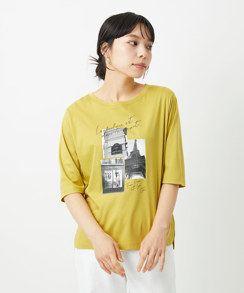 PHKHE67150 GEORGES RECH(小さいサイズ)(メゾン ドゥ サンク) フォトプリントジャージー5分袖カットソー イエロー