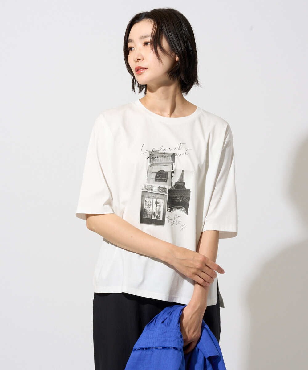 PHKHE67150 GEORGES RECH(小さいサイズ)(メゾン ドゥ サンク) フォトプリントジャージー5分袖カットソー ホワイト