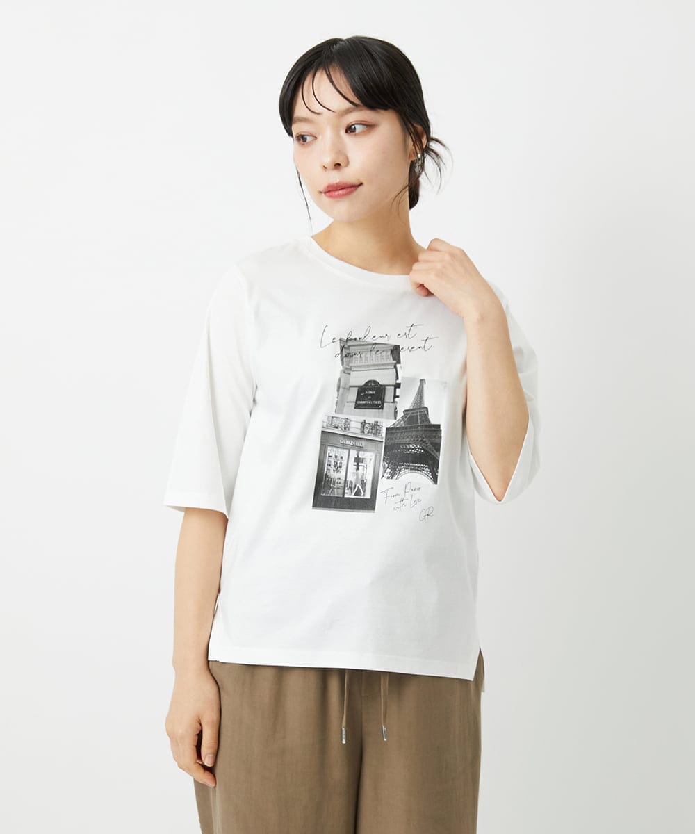 PHKHE67150 GEORGES RECH(小さいサイズ)(メゾン ドゥ サンク) フォトプリントジャージー5分袖カットソー ホワイト