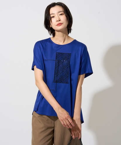 PHKHE68170  シアーチェックスパンコールプリントカットソー