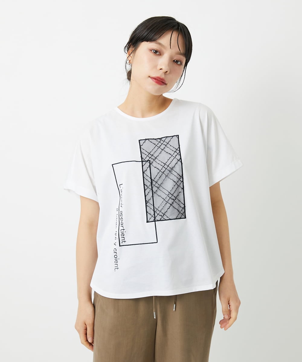 PHKHE68170 GEORGES RECH(小さいサイズ)(メゾン ドゥ サンク) シアーチェックスパンコールプリントカットソー ホワイト