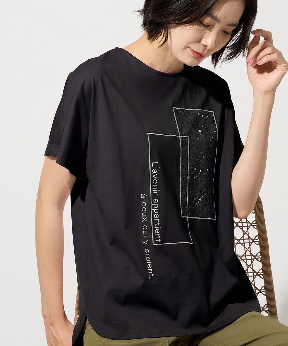 PHKHE68170 GEORGES RECH(小さいサイズ)(メゾン ドゥ サンク) シアーチェックスパンコールプリントカットソー ブラック