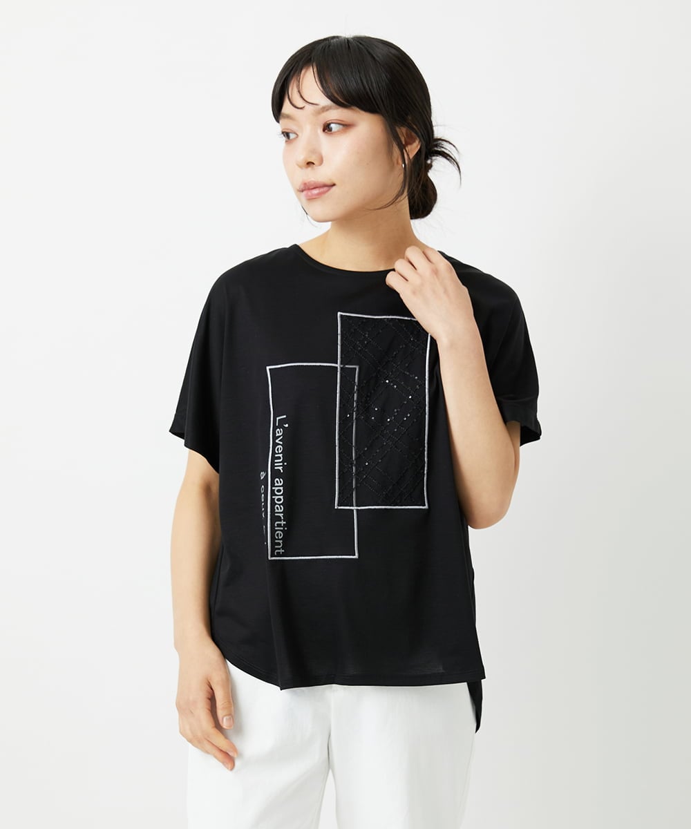 PHKHE68170 GEORGES RECH(小さいサイズ)(メゾン ドゥ サンク) シアーチェックスパンコールプリントカットソー ブラック