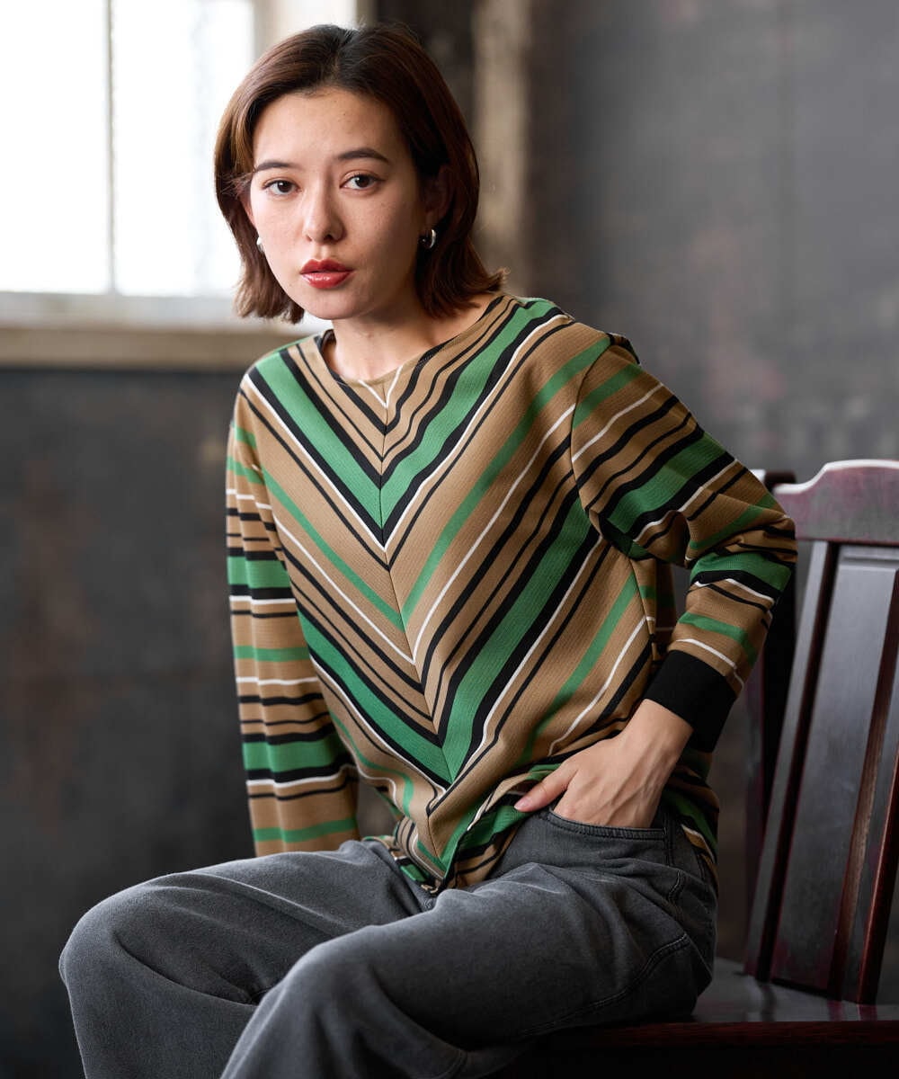 PHKJE16270 GEORGES RECH(小さいサイズ)(メゾン ドゥ サンク)  [日本製]マルチボーダージャージーカットソー ベージュ