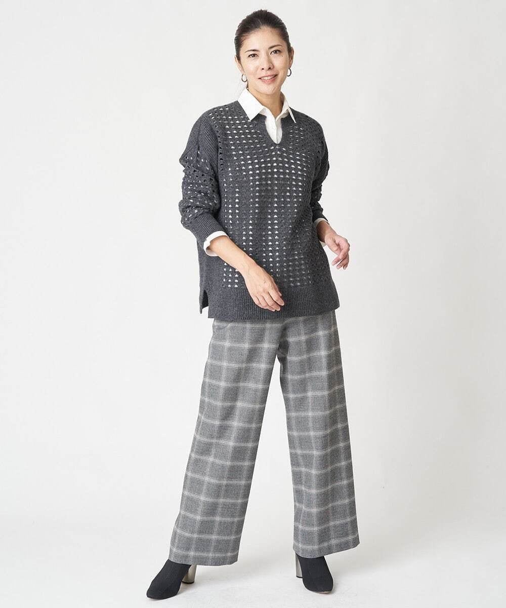 PHLAW51290 GEORGES RECH(小さいサイズ)(メゾン ドゥ サンク)  [日本製]両面起毛チェックワイドストレートラメパンツ ライトグレー