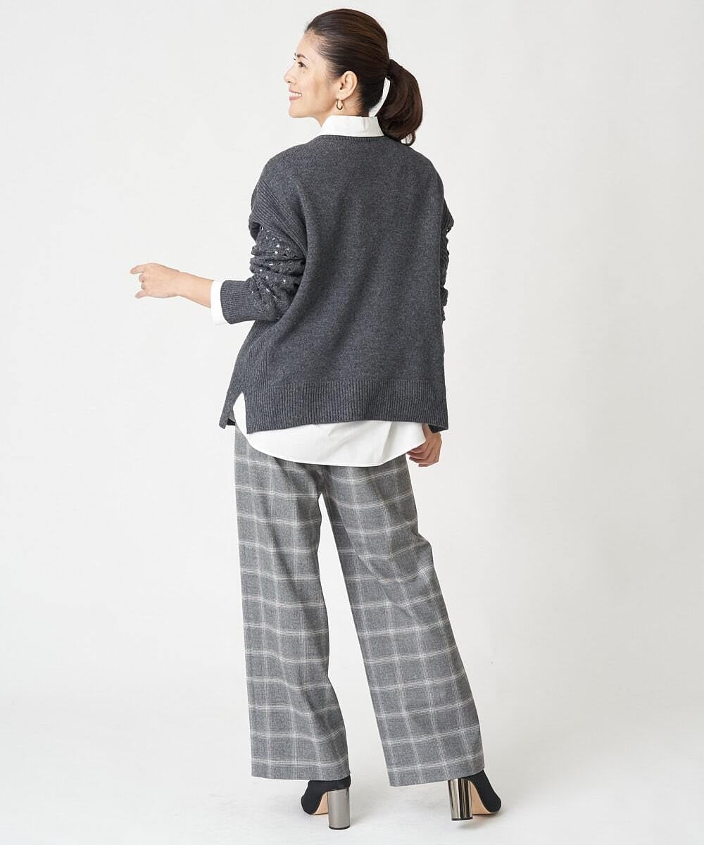 PHLAW51290 GEORGES RECH(小さいサイズ)(メゾン ドゥ サンク)  [日本製]両面起毛チェックワイドストレートラメパンツ ライトグレー