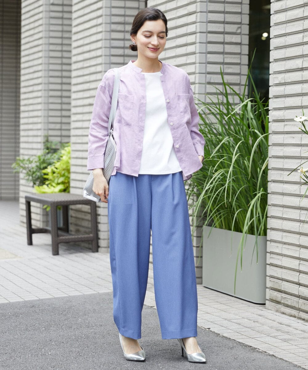 PHLHX37210 GEORGES RECH(小さいサイズ)(メゾン ドゥ サンク) ツイルタックワイドストレートパンツ ライトグレー