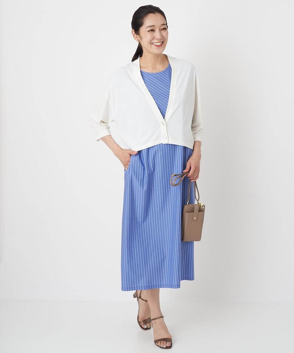 PHPHT24390 GEORGES RECH(小さいサイズ)(メゾン ドゥ サンク) [2点セット]フレンチスリーブワンピース×カーディガン ブルー×ホワイト
