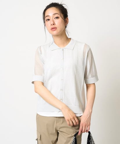 PHSHA60240  ラメ襟付きシアーメッシュニット羽織