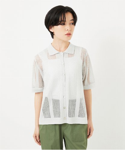 PHSHA60240  ラメ襟付きシアーメッシュニット羽織