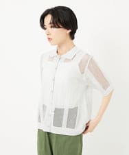 PHSHA60240 GEORGES RECH(小さいサイズ)(メゾン ドゥ サンク) ラメ襟付きシアーメッシュニット羽織 グレーホワイト
