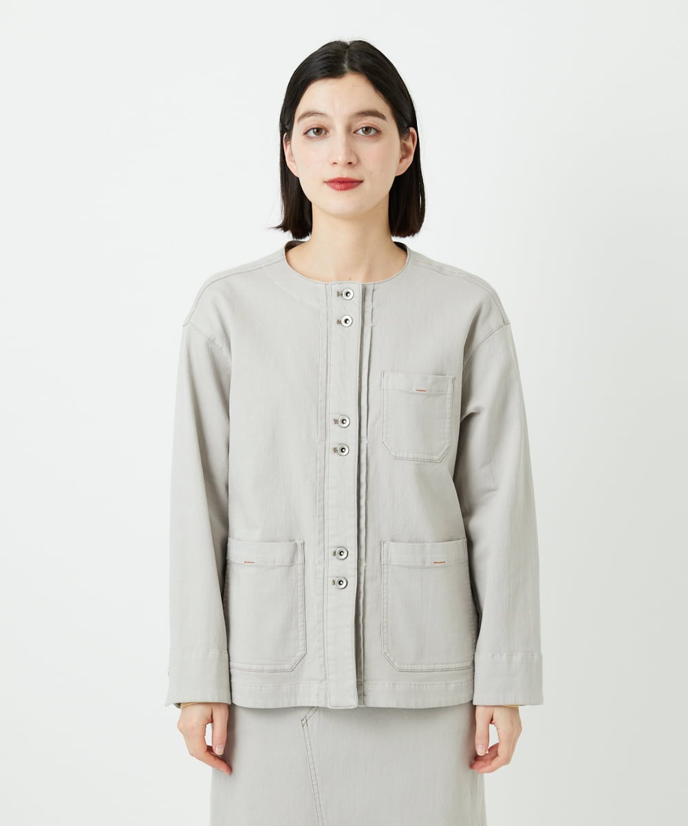 PHTEE01360 GEORGES RECH(小さいサイズ)(メゾン ドゥ サンク)  [セットアップ対応]ノーカラージャジーデニムジャケット ライトグレー