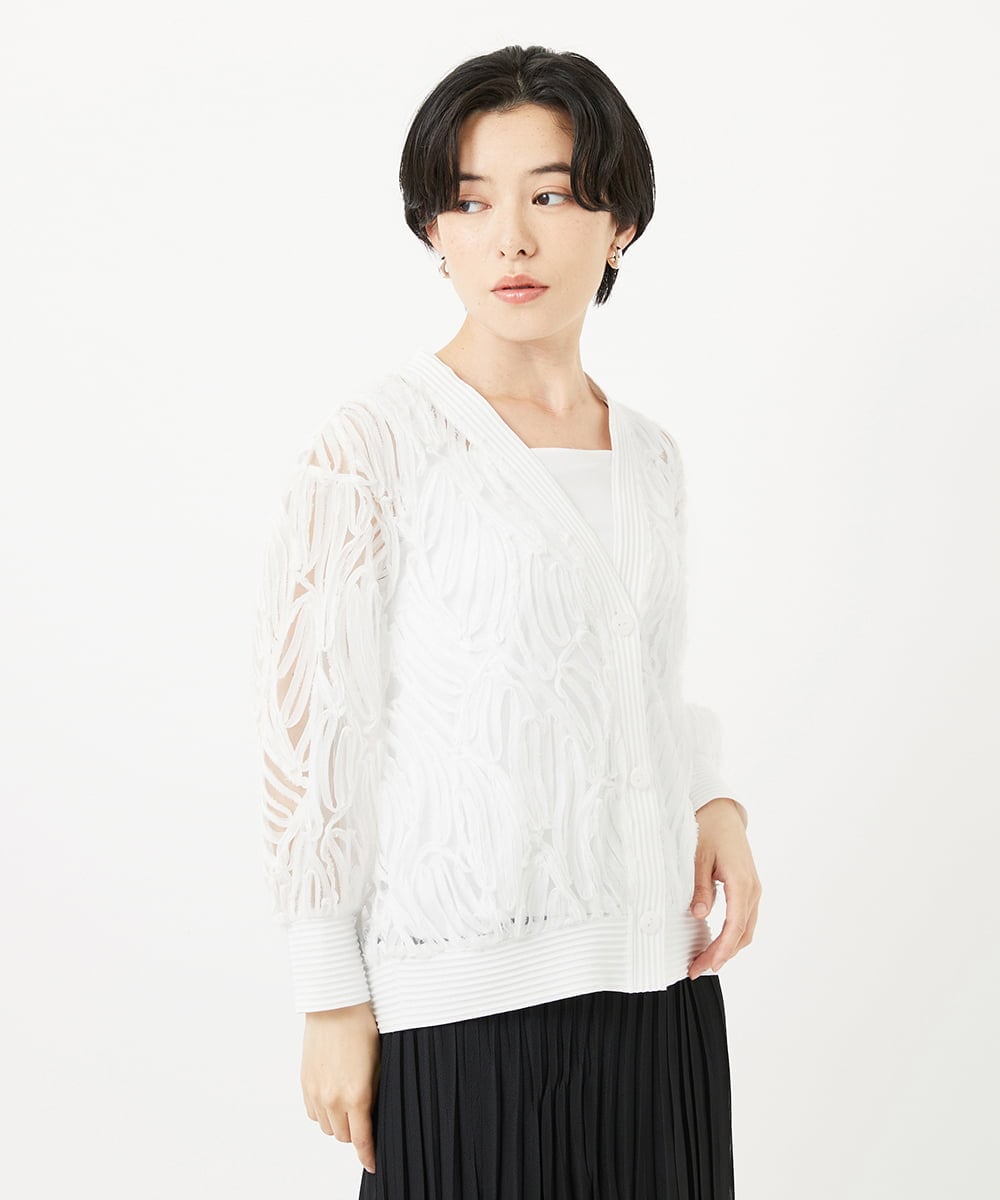 PHTGA46270 GEORGES RECH(小さいサイズ)(メゾン ドゥ サンク) ナイロンチュールテープ刺繍カーディガン ホワイト