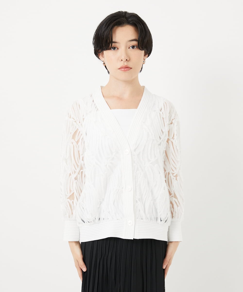 PHTGA46270 GEORGES RECH(小さいサイズ)(メゾン ドゥ サンク) ナイロンチュールテープ刺繍カーディガン ホワイト