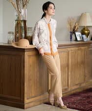 PJBAD32520 CHRISTIAN AUJARD Lサイズ(クリスチャン・オジャール Lサイズ) 【大きいサイズ】アートプリント長袖ブラウス ベージュ×オレンジ