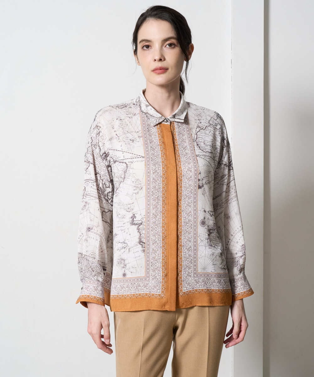 PJBAD32520 CHRISTIAN AUJARD Lサイズ(クリスチャン・オジャール Lサイズ) 【大きいサイズ】アートプリント長袖ブラウス ベージュ×オレンジ