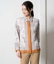 PJBAD32520 CHRISTIAN AUJARD Lサイズ(クリスチャン・オジャール Lサイズ) 【大きいサイズ】アートプリント長袖ブラウス ベージュ×オレンジ