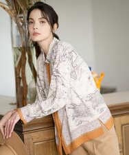 PJBAD32520 CHRISTIAN AUJARD Lサイズ(クリスチャン・オジャール Lサイズ) 【大きいサイズ】アートプリント長袖ブラウス ベージュ×オレンジ