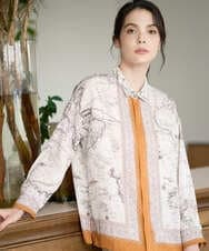 PJBAD32520 CHRISTIAN AUJARD Lサイズ(クリスチャン・オジャール Lサイズ) 【大きいサイズ】アートプリント長袖ブラウス ベージュ×オレンジ