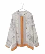 PJBAD32520 CHRISTIAN AUJARD Lサイズ(クリスチャン・オジャール Lサイズ) 【大きいサイズ】アートプリント長袖ブラウス ベージュ×オレンジ