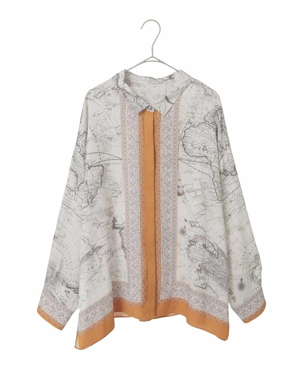 PJBAD32520 CHRISTIAN AUJARD Lサイズ(クリスチャン・オジャール Lサイズ) 【大きいサイズ】アートプリント長袖ブラウス ベージュ×オレンジ