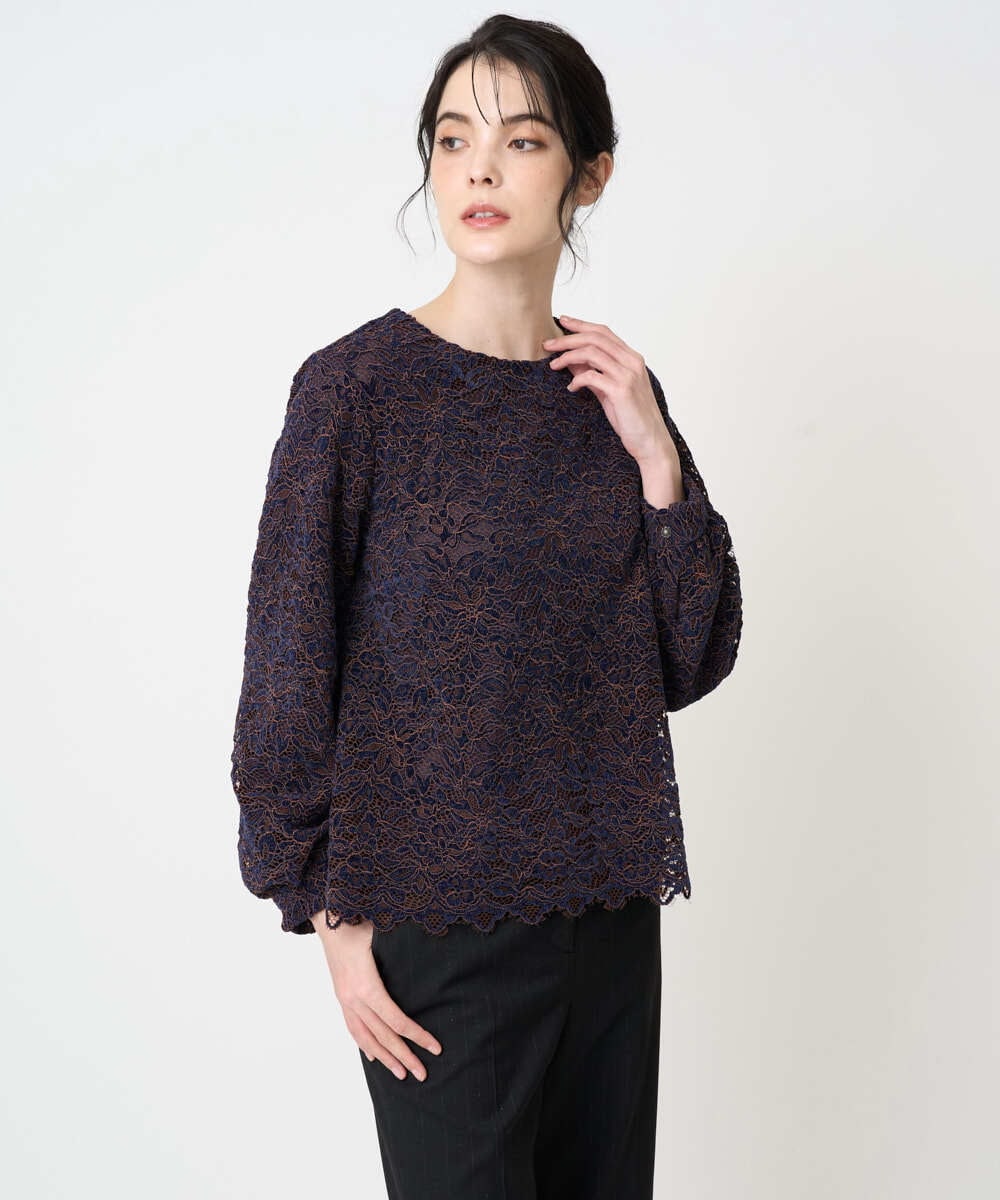 PJBCD03420 CHRISTIAN AUJARD Lサイズ(クリスチャン・オジャール Lサイズ) 【大きいサイズ】フラワーモールレースブラウス ネイビー系