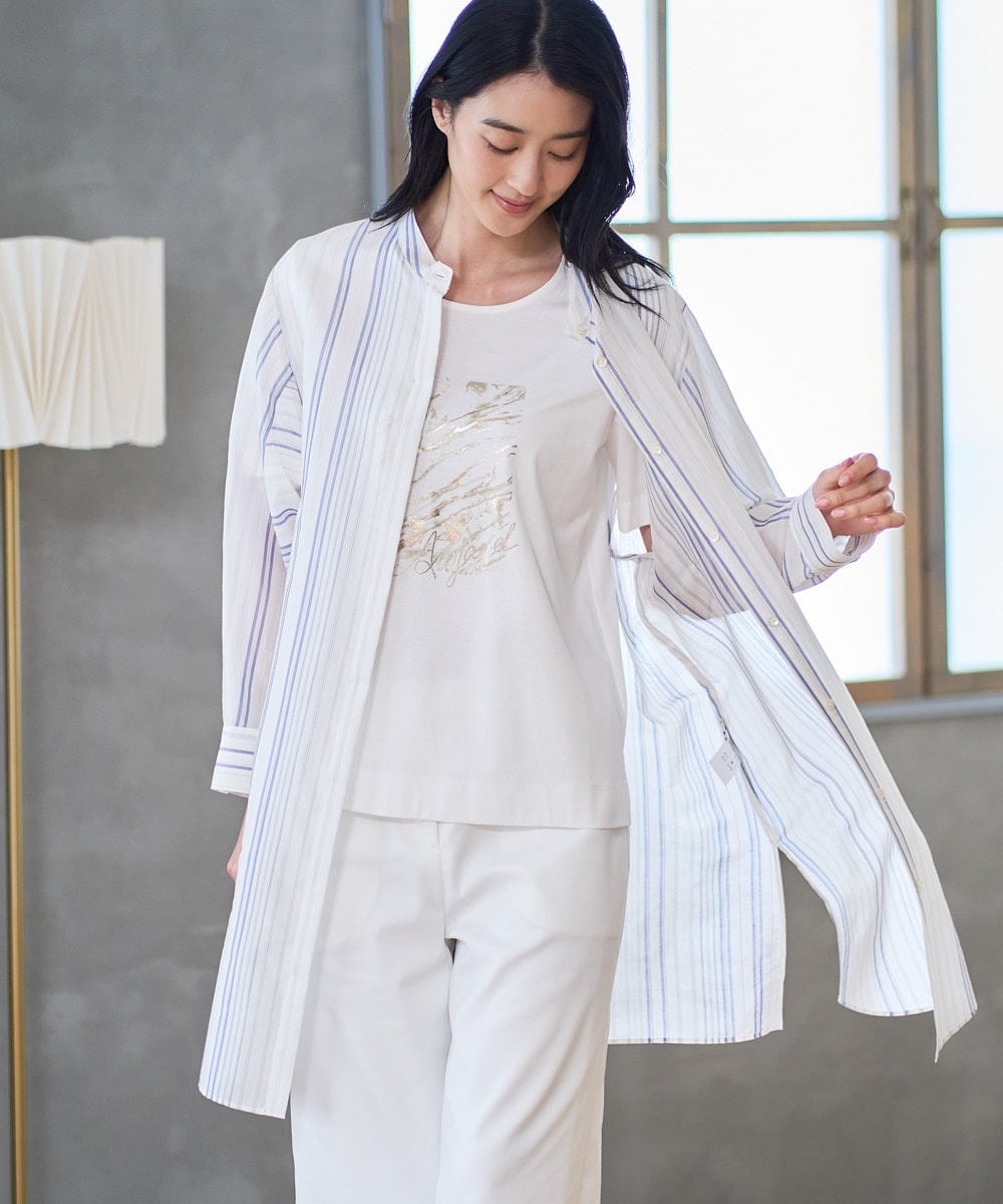 PJBGD40460 CHRISTIAN AUJARD Lサイズ(クリスチャン・オジャール Lサイズ) 【大きいサイズ】ドビーストライプロングブラウス ブルー系