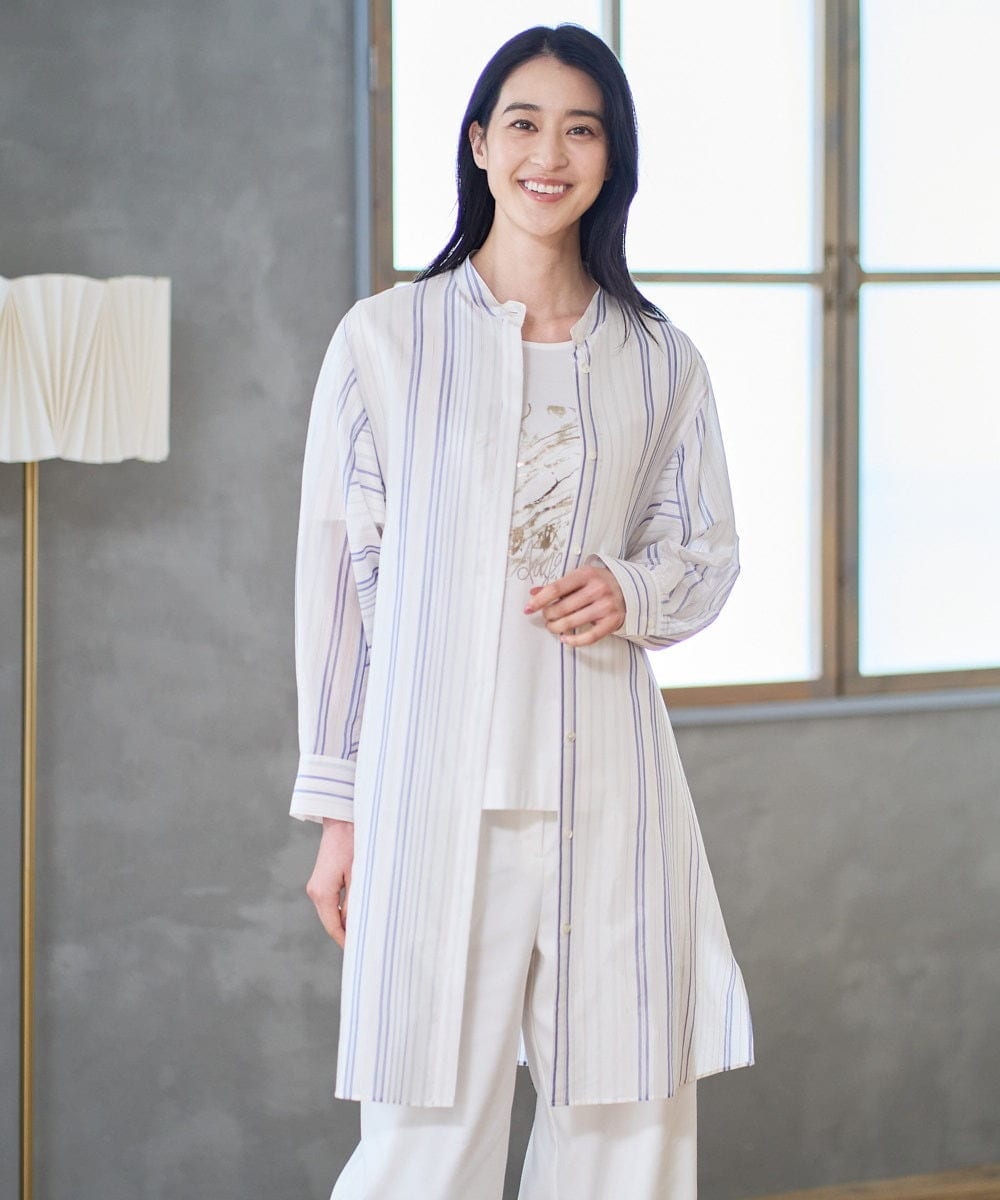 PJBGD40460 CHRISTIAN AUJARD Lサイズ(クリスチャン・オジャール Lサイズ) 【大きいサイズ】ドビーストライプロングブラウス ブルー系