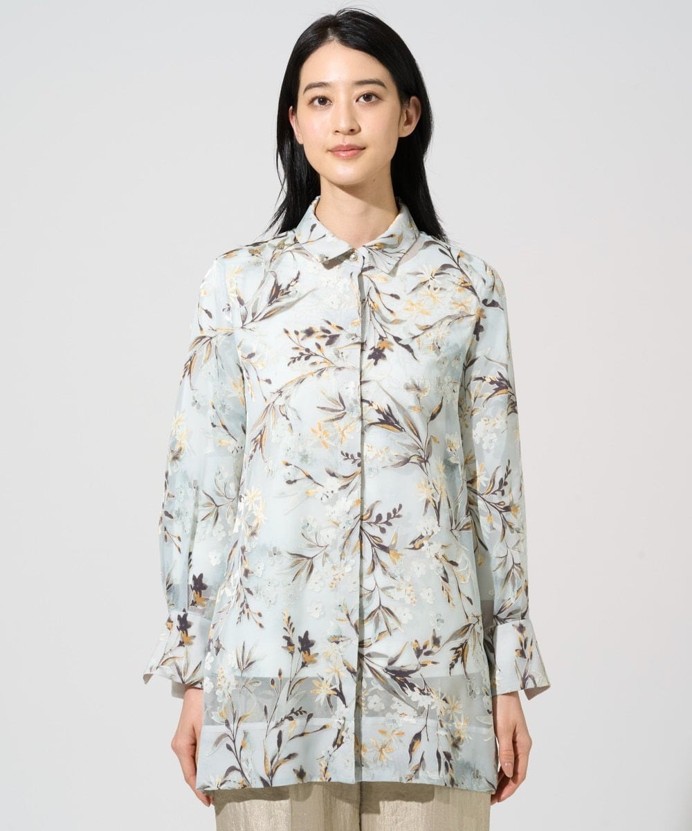 PJBGE02520 CHRISTIAN AUJARD Lサイズ(クリスチャン・オジャール Lサイズ) 【大きいサイズ】フラワープリントシアーブラウス グリーン系