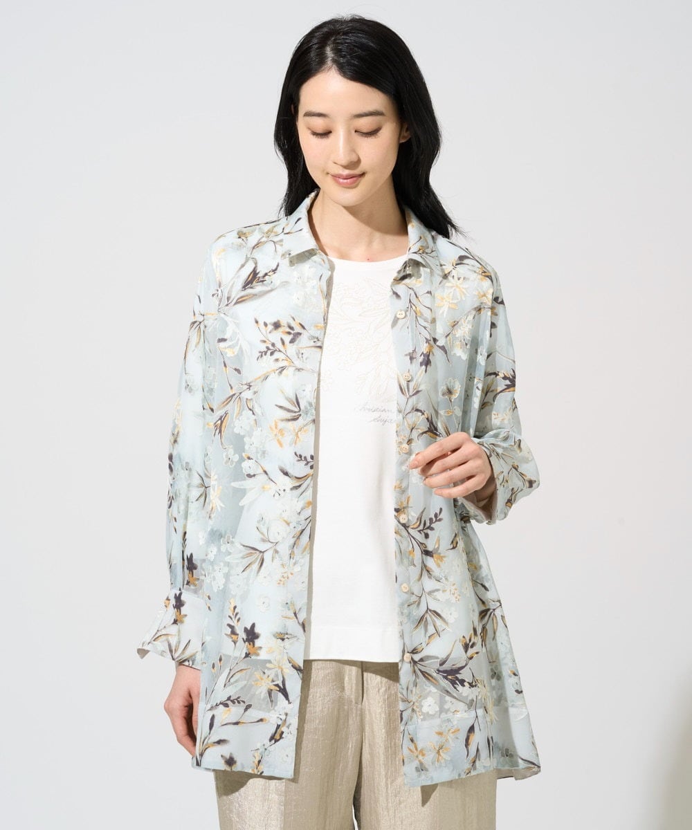 PJBGE02520 CHRISTIAN AUJARD Lサイズ(クリスチャン・オジャール Lサイズ) 【大きいサイズ】フラワープリントシアーブラウス グリーン系