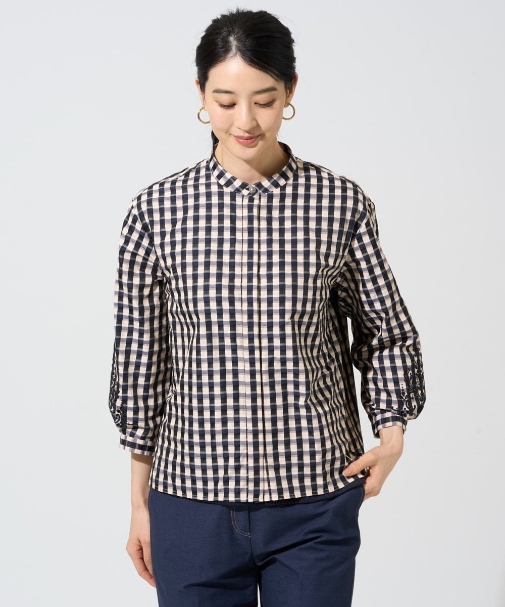 PJBGE09520 CHRISTIAN AUJARD Lサイズ(クリスチャン・オジャール Lサイズ) 【大きいサイズ】[セットアップ対応]シャンブレーチェックブラウス オレンジ×ネイビー系