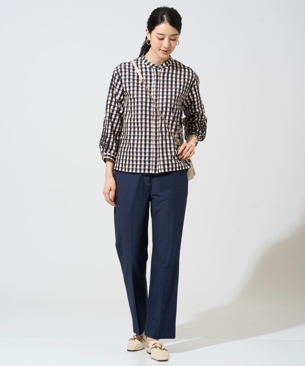 PJBGE09520 CHRISTIAN AUJARD Lサイズ(クリスチャン・オジャール Lサイズ) 【大きいサイズ】[セットアップ対応]シャンブレーチェックブラウス オレンジ×ネイビー系