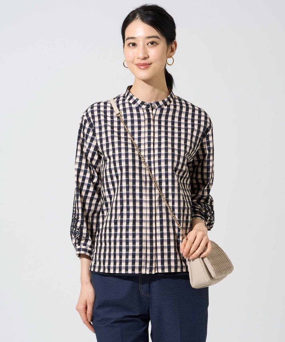 PJBGE09520 CHRISTIAN AUJARD Lサイズ(クリスチャン・オジャール Lサイズ) 【大きいサイズ】[セットアップ対応]シャンブレーチェックブラウス オレンジ×ネイビー系