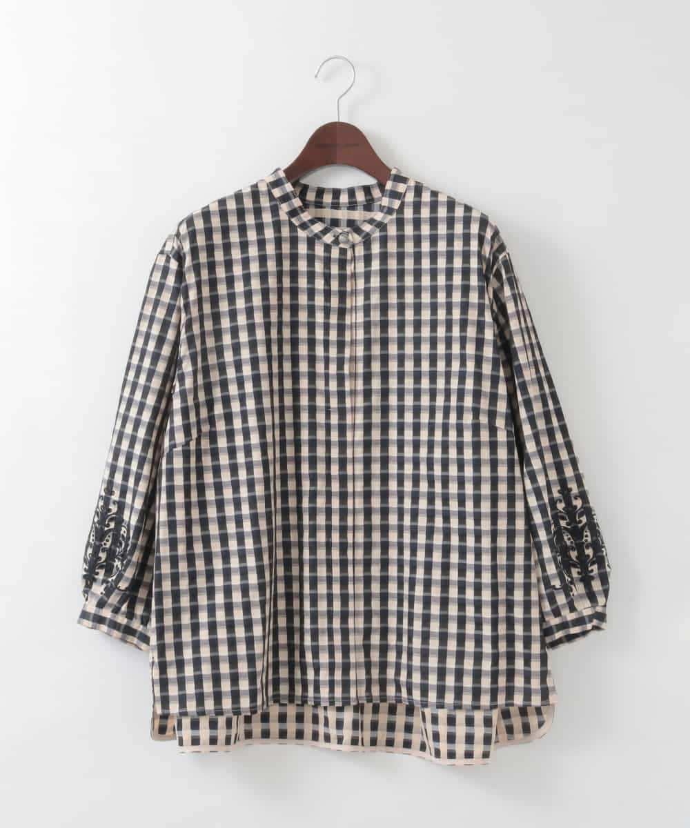 PJBGE09520 CHRISTIAN AUJARD Lサイズ(クリスチャン・オジャール Lサイズ) 【大きいサイズ】[セットアップ対応]シャンブレーチェックブラウス オレンジ×ネイビー系