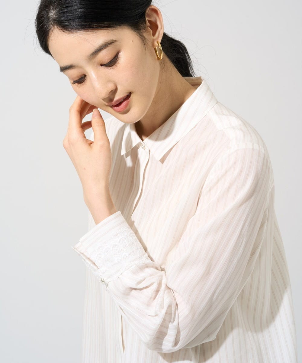 PJBGE15390 CHRISTIAN AUJARD Lサイズ(クリスチャン・オジャール Lサイズ) 【大きいサイズ】袖レースストライプブラウス アイボリー