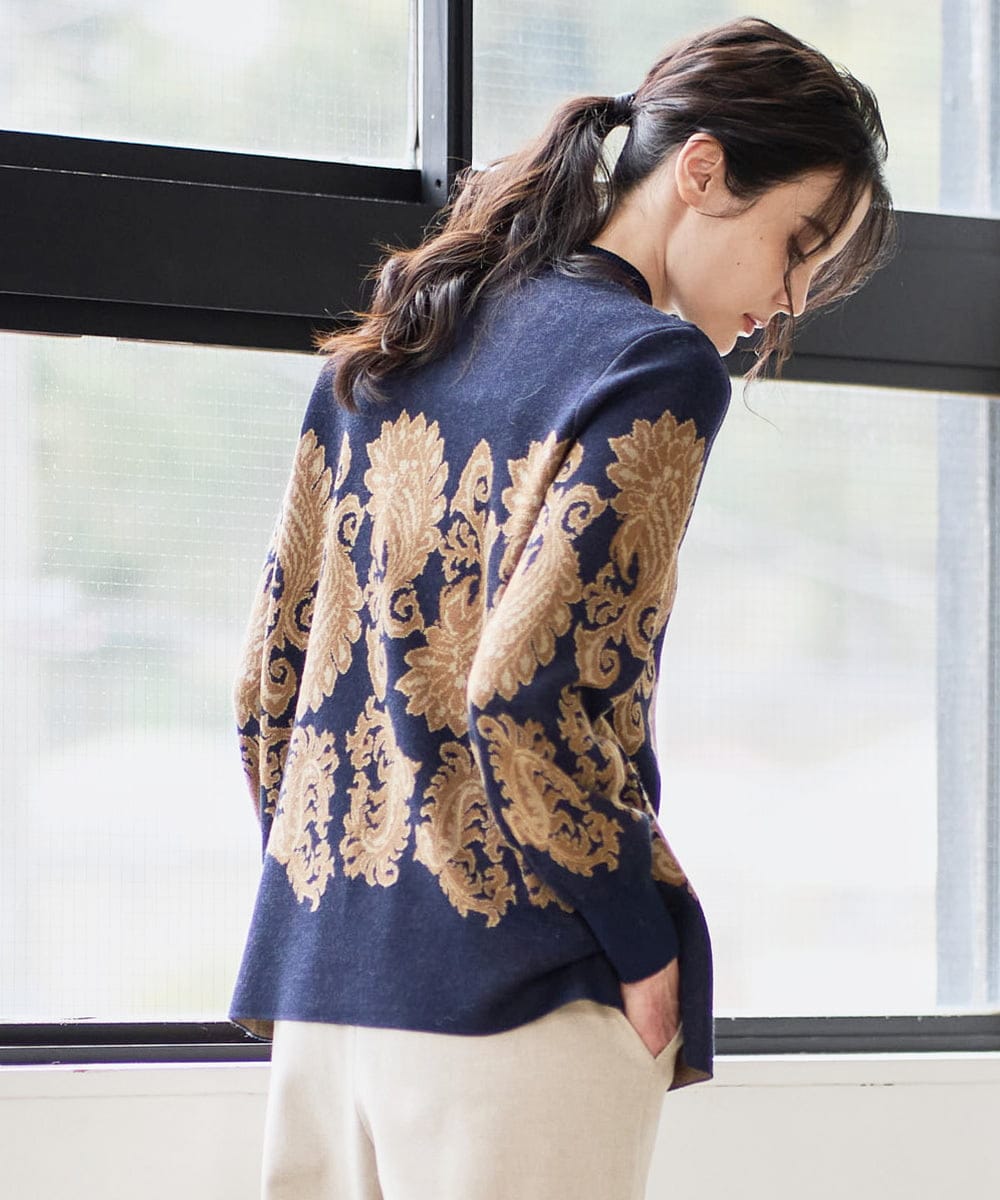 PJFAD45460 CHRISTIAN AUJARD Lサイズ(クリスチャン・オジャール Lサイズ) 【大きいサイズ】ペイズリージャガードニット ネイビー×ブラウン