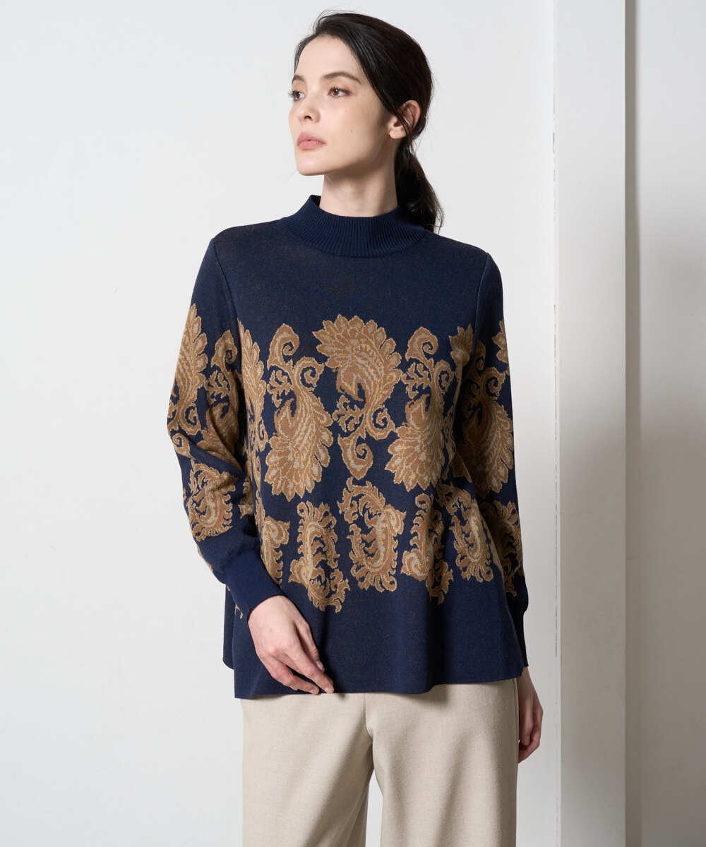 PJFAD45460 CHRISTIAN AUJARD Lサイズ(クリスチャン・オジャール Lサイズ) 【大きいサイズ】ペイズリージャガードニット ネイビー×ブラウン