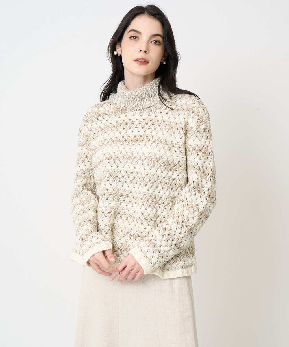PJFCD05460 CHRISTIAN AUJARD Lサイズ(クリスチャン・オジャール Lサイズ) 【大きいサイズ】バスケットジャガードプルオーバーニット ベージュ×アイボリー 