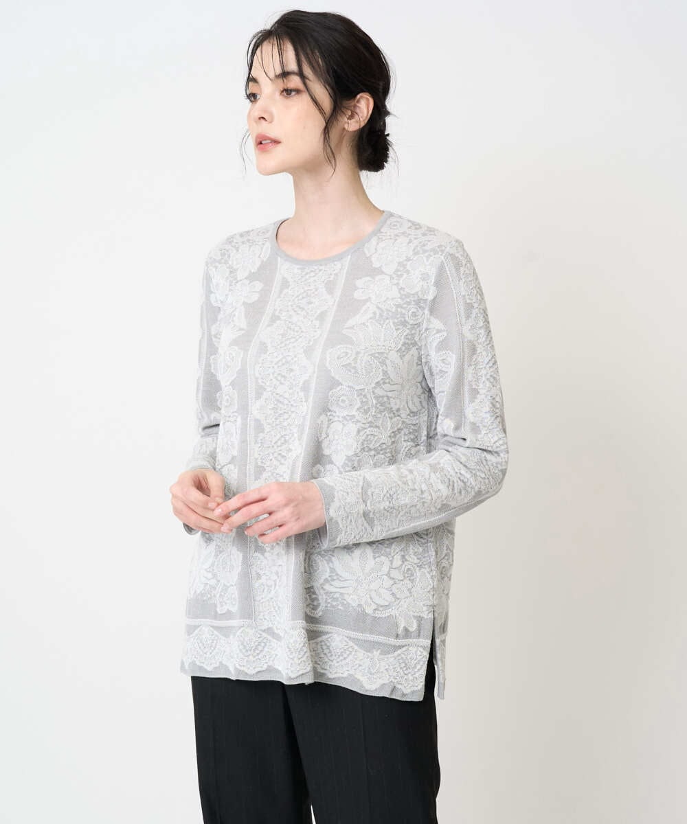 PJFCD08420 CHRISTIAN AUJARD Lサイズ(クリスチャン・オジャール Lサイズ) 【大きいサイズ】レーシージャガードニットプルオーバー ライトグレー