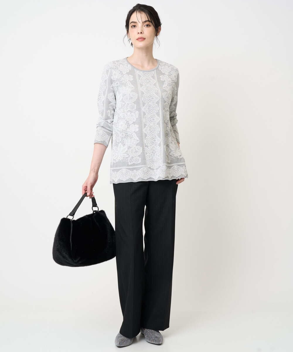 PJFCD08420 CHRISTIAN AUJARD Lサイズ(クリスチャン・オジャール Lサイズ) 【大きいサイズ】レーシージャガードニットプルオーバー ライトグレー