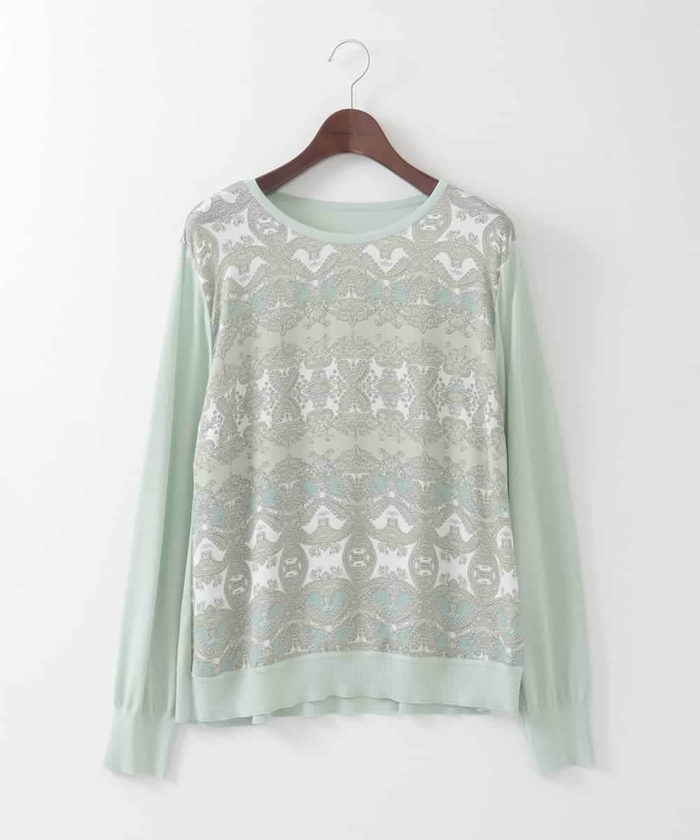 PJFEE03420 CHRISTIAN AUJARD Lサイズ(クリスチャン・オジャール Lサイズ) 【大きいサイズ/アンサンブル対応】レーシーオーナメントプリントトップス グリーン