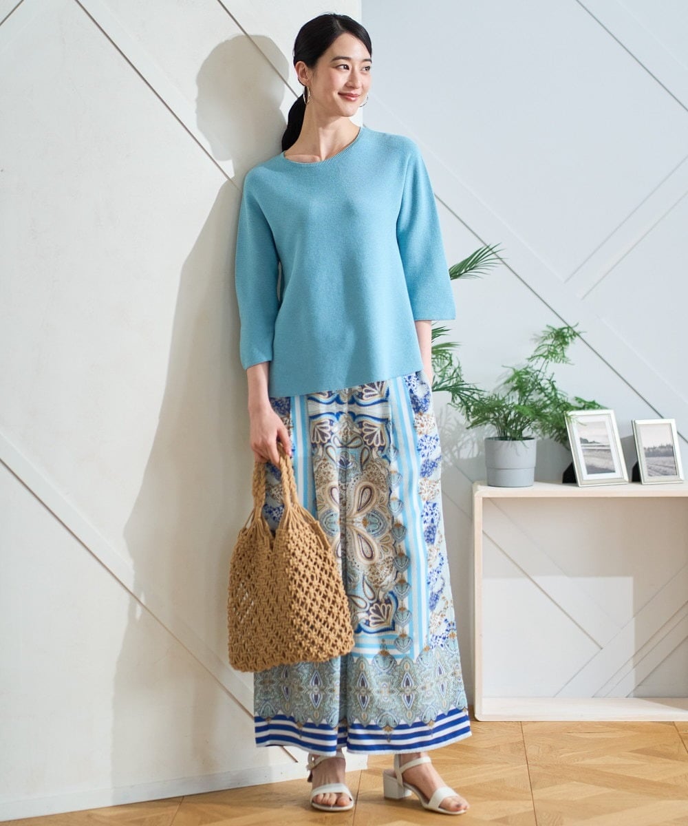 PJFGD22320 CHRISTIAN AUJARD Lサイズ(クリスチャン・オジャール Lサイズ) 【大きいサイズ】リネンライクホールガーメントニット ライトブルー