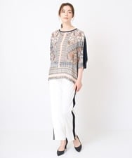 PJFHW32330 CHRISTIAN AUJARD Lサイズ(クリスチャン・オジャール Lサイズ) [接触冷感･ドライタッチ]ニットドッキングプリントトップス ブラック×ブラウン系