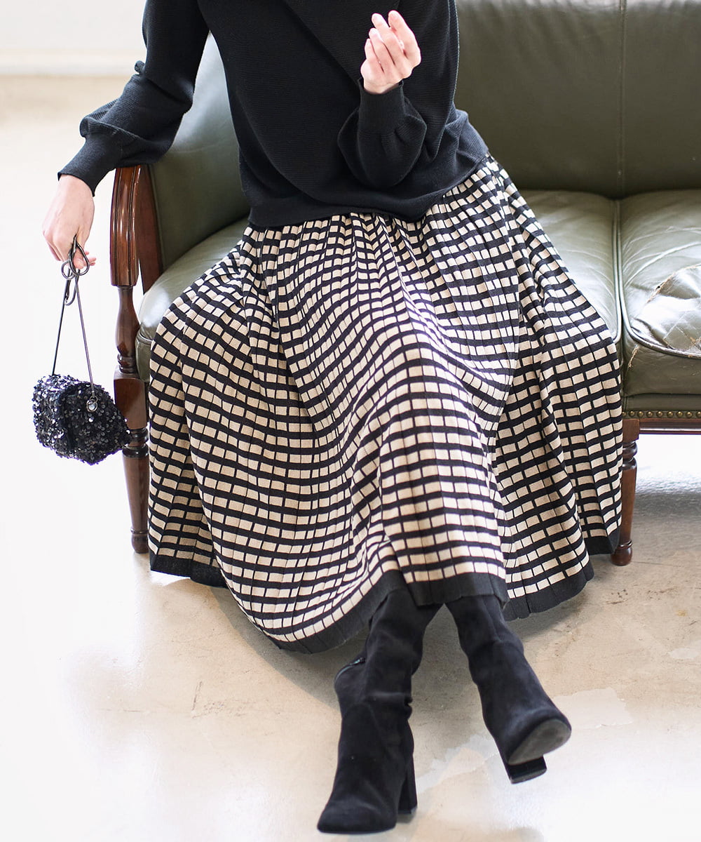 PJHAD36520 CHRISTIAN AUJARD Lサイズ(クリスチャン・オジャール Lサイズ) 【大きいサイズ】ジャガードニットスカート ブラック×ベージュ