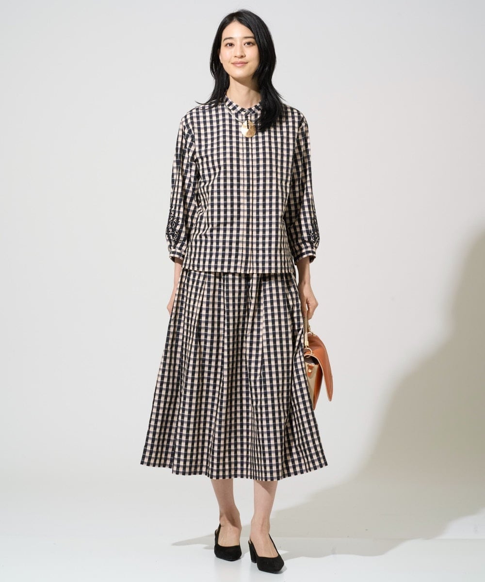 PJHGE09460 CHRISTIAN AUJARD Lサイズ(クリスチャン・オジャール Lサイズ) 【大きいサイズ】[セットアップ対応]シャンブレーチェックスカート オレンジ×ネイビー系