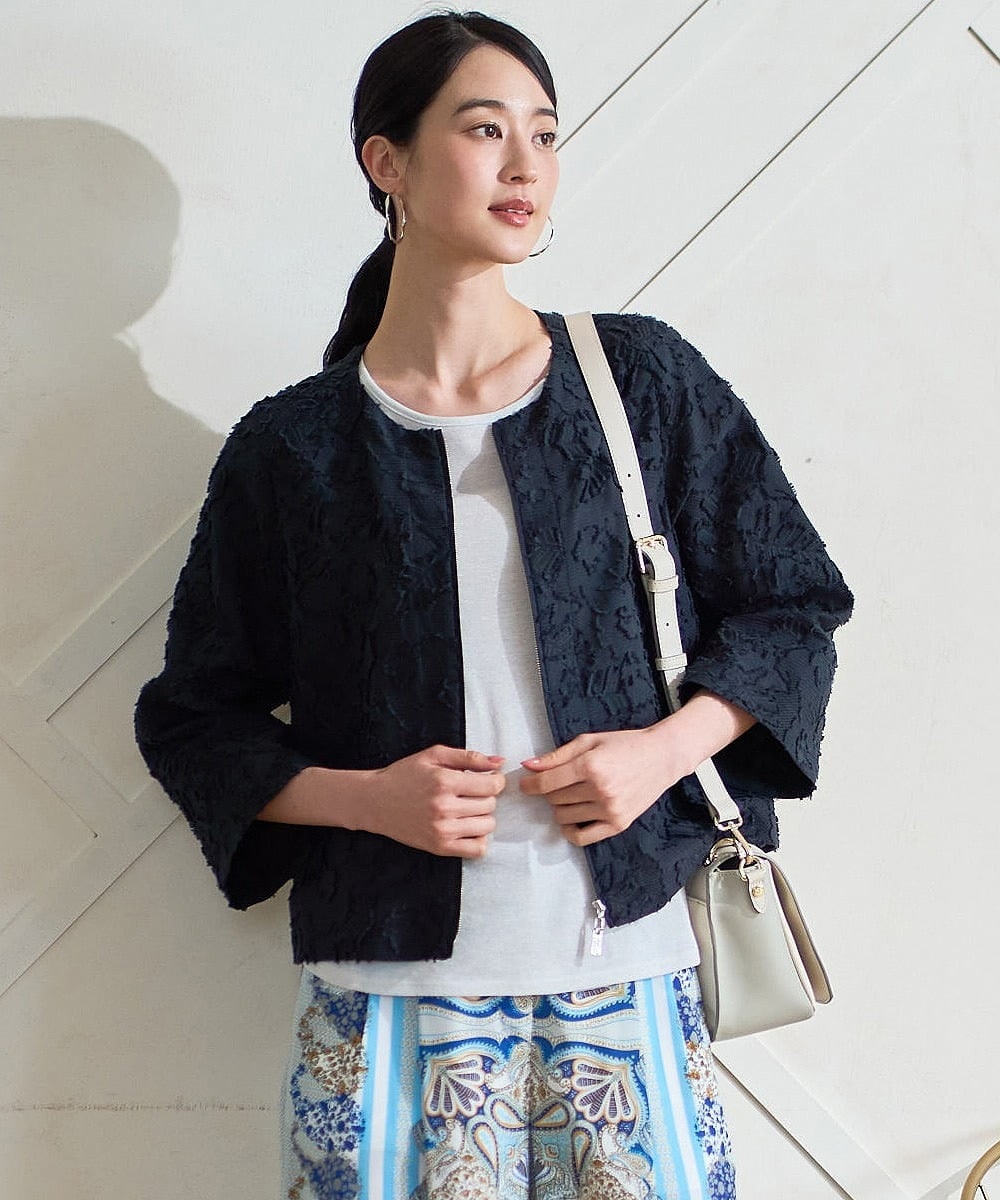 PJJGD20620 CHRISTIAN AUJARD Lサイズ(クリスチャン・オジャール Lサイズ) 【大きいサイズ】フラワーカットジャカードジャケット ネイビー