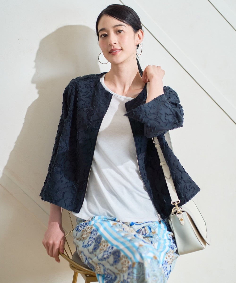 PJJGD20620 CHRISTIAN AUJARD Lサイズ(クリスチャン・オジャール Lサイズ) 【大きいサイズ】フラワーカットジャカードジャケット ネイビー