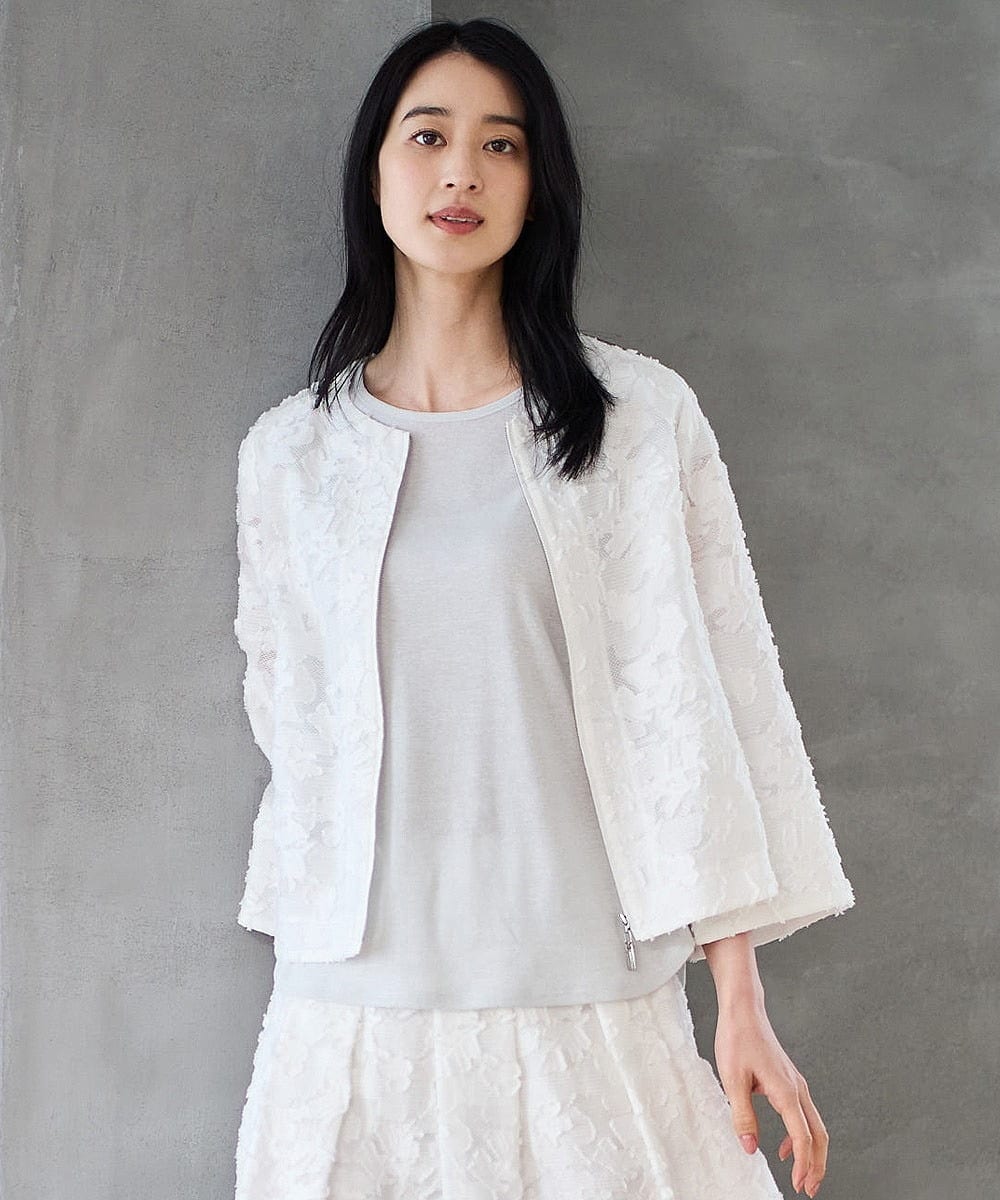 PJJGD20620 CHRISTIAN AUJARD Lサイズ(クリスチャン・オジャール Lサイズ) 【大きいサイズ】フラワーカットジャカードジャケット ホワイト