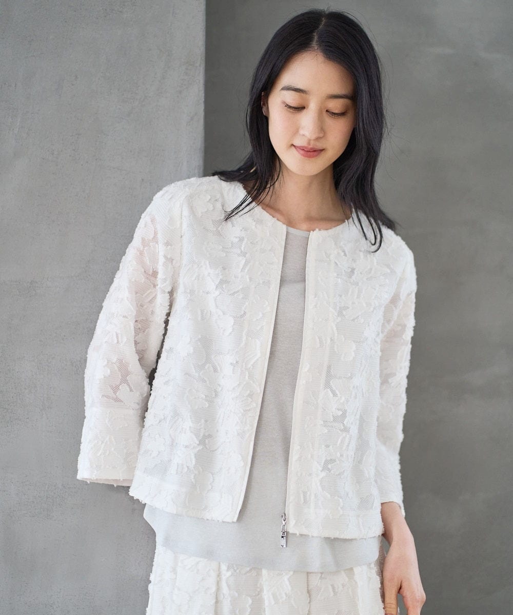PJJGD20620 CHRISTIAN AUJARD Lサイズ(クリスチャン・オジャール Lサイズ) 【大きいサイズ】フラワーカットジャカードジャケット ホワイト